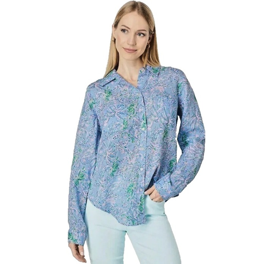 Lilly Pulitzer Sea View Linen‎ Button Down Top Blue Peri Preppy Resortwear XS